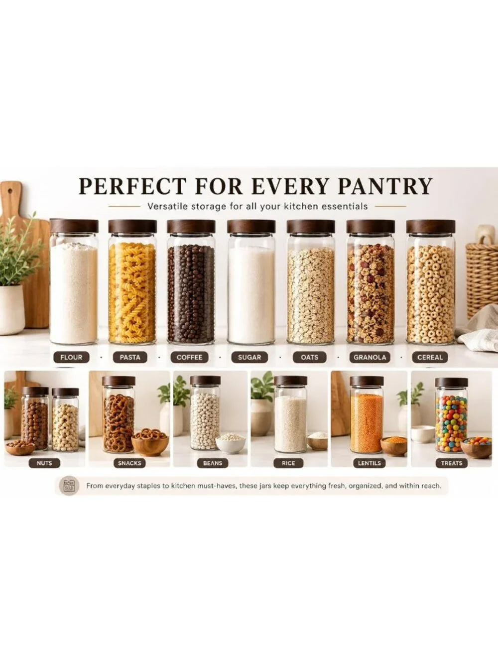 Wide Mouth Glass Storage Jars with Acacia Wood Lids - 6 Pack Airtight Food
